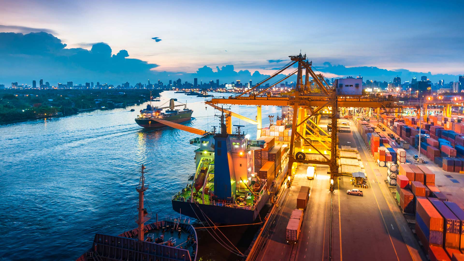 A cargo ship entering a dock